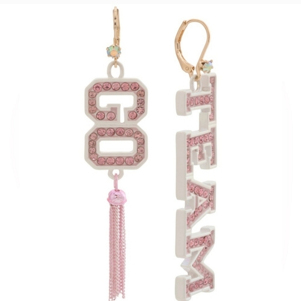 💕▪️Betsey Johnson▪️ pink white " Go Team " Mismatched statement  Earrings